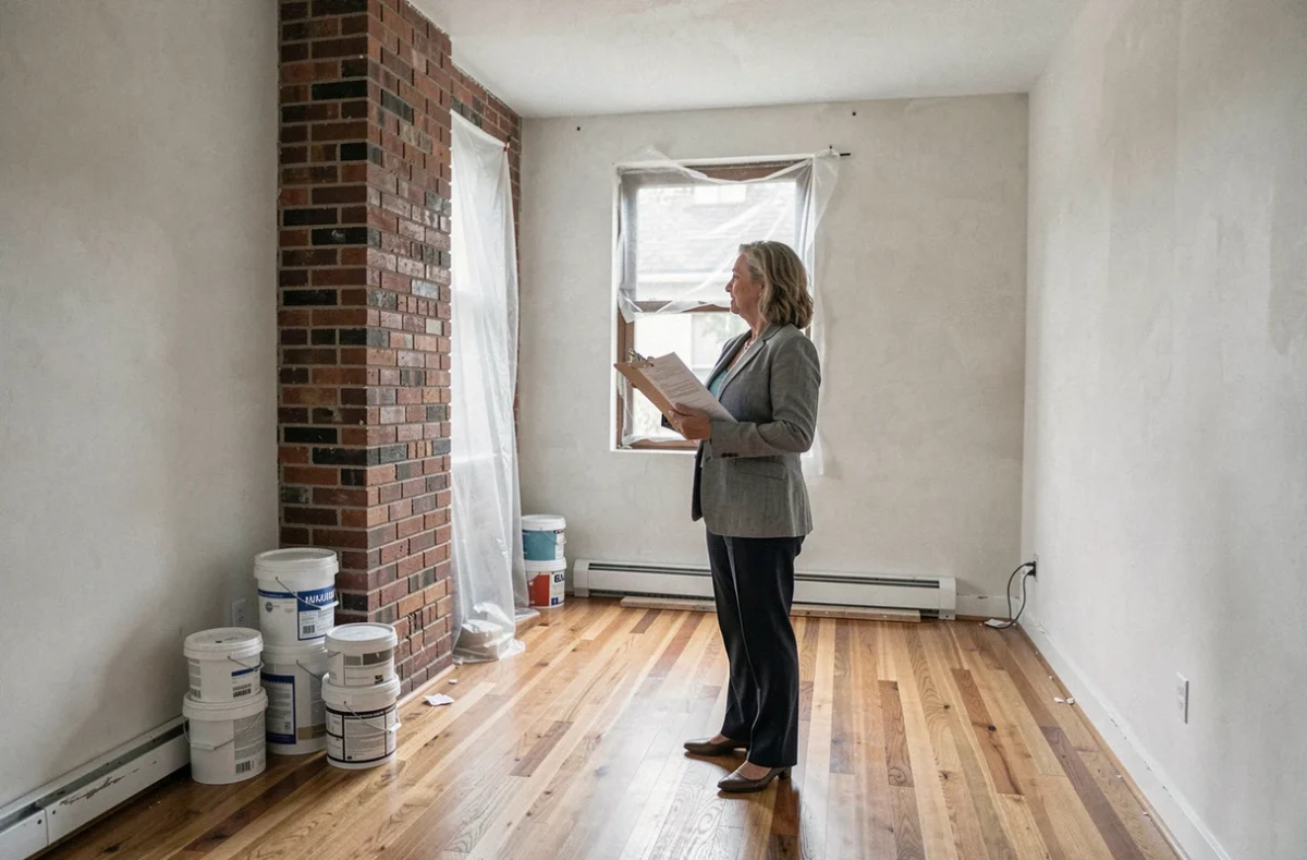 Propriétaire vérifiant les travaux de rénovation dans un appartement locatif avant la vente pour déduire le forfait travaux de la plus-value