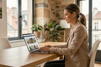 Femme consultant un site immobilier à Lyon sur son ordinateur portable dans un bureau moderne
