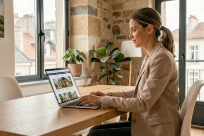 Femme consultant un site immobilier à Lyon sur son ordinateur portable dans un bureau moderne