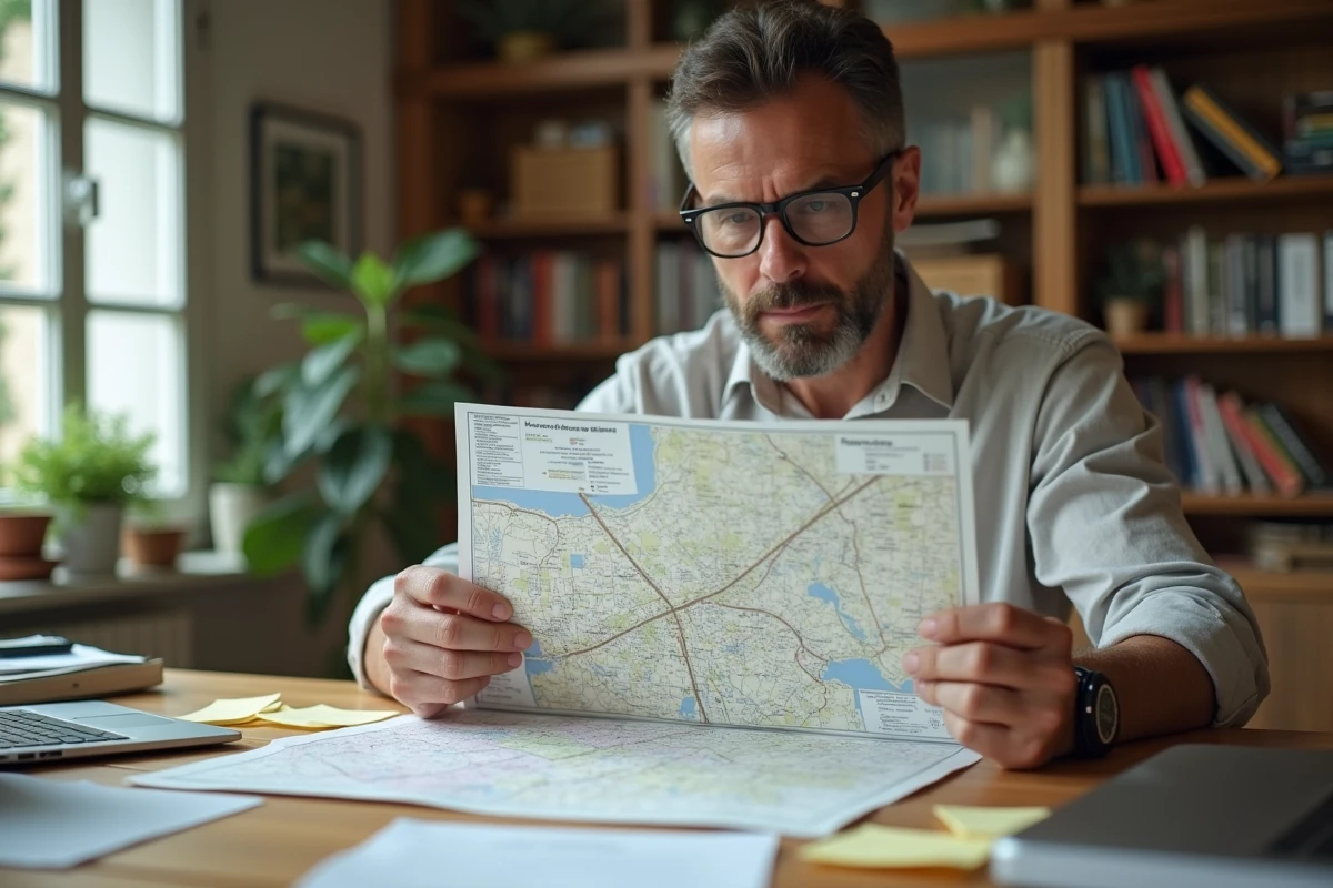 Homme consultant un plan cadastral et des annonces publiques pour trouver un château abandonné à donner en France
