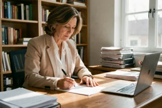 Femme rédigeant une lettre officielle pour identifier le propriétaire d'une maison, assise à un bureau en bois dans un bureau à domicile ordonné