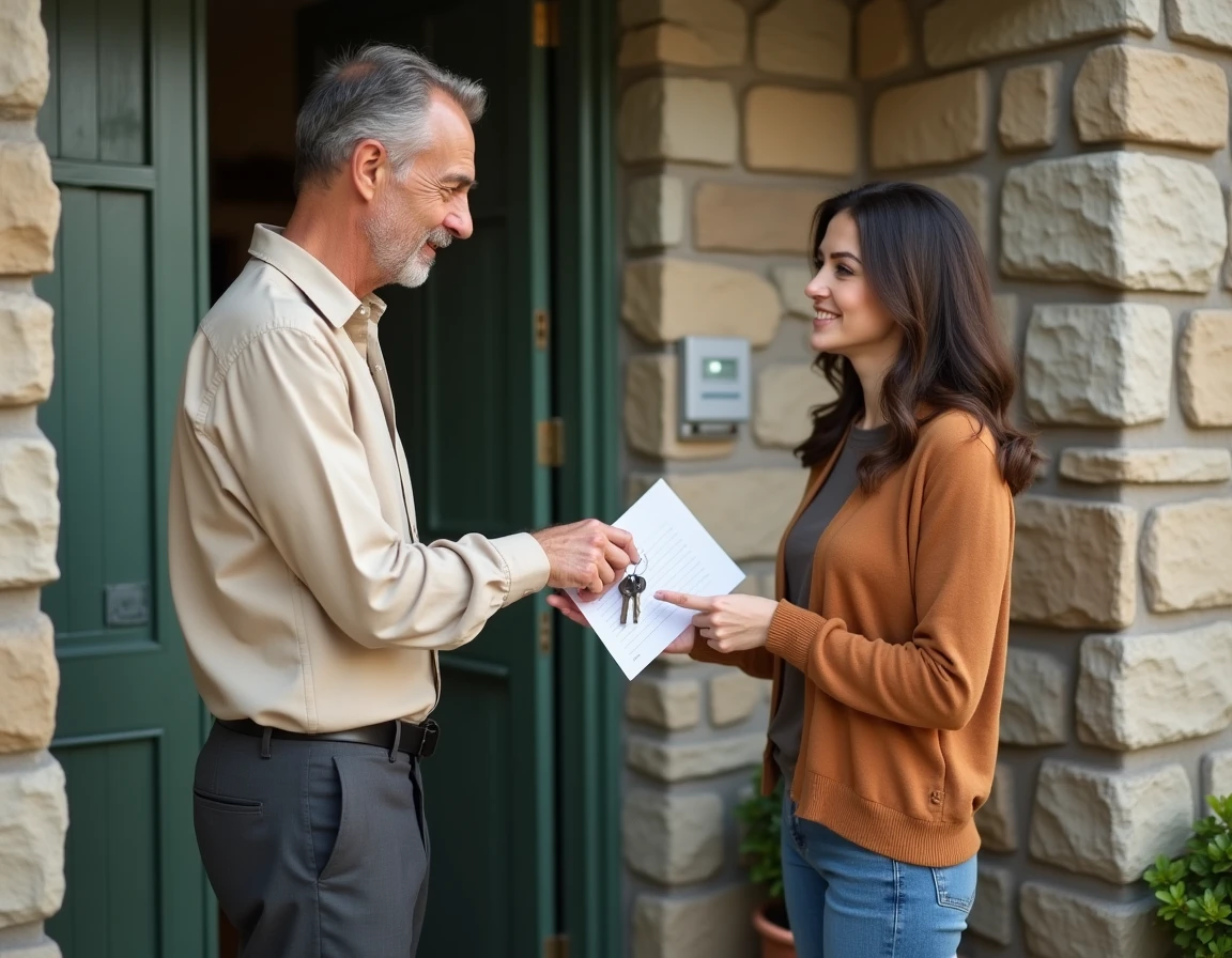 Remise de clé à domicile avec attestation signée devant la porte d'entrée d'une maison entre bailleur et nouveau locataire