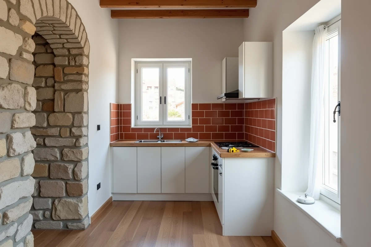 Intérieur rénové d'une maison de pêcheur au Portugal avec mur en pierre apparente, parquet en chêne et cuisine ouverte aux carreaux de terre cuite