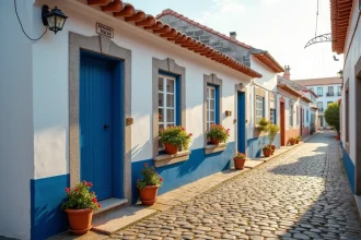 Façade rénovée d'une petite maison de pêcheur portugaise avec murs blanchis, carreaux azulejos et porte en bois bleu cobalt dans une ruelle pavée