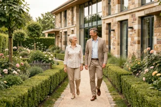 Un couple de seniors se promenant dans le jardin d'une résidence avec services dans les Pays de la Loire