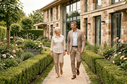 Un couple de seniors se promenant dans le jardin d'une résidence avec services dans les Pays de la Loire