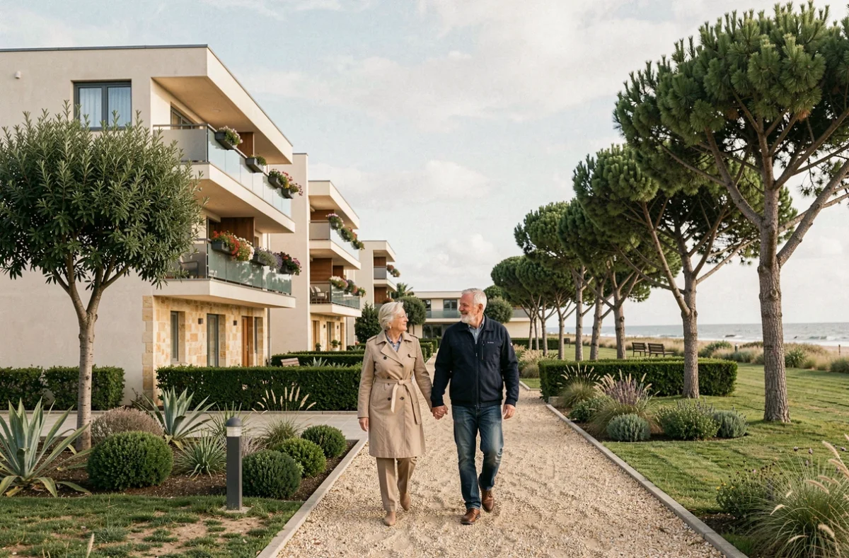 Un couple de seniors se promenant devant la résidence Résidentiels à Château-d'Olonne