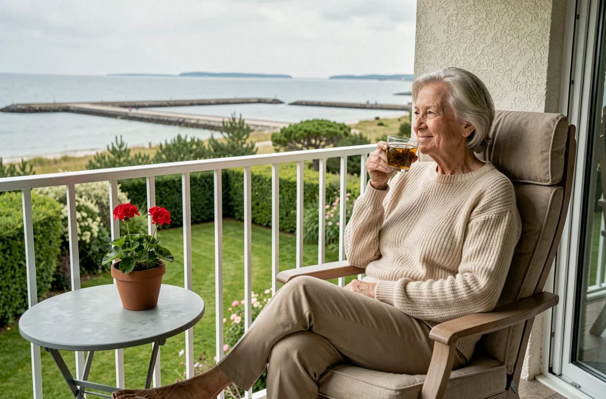 Une résidente de la résidence Résidentiels à Saint-Brevin-les-Pins sur son balcon avec vue sur l'estuaire