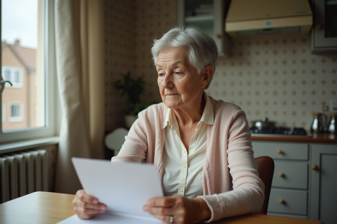Femme retraitée lisant une lettre dans sa cuisine