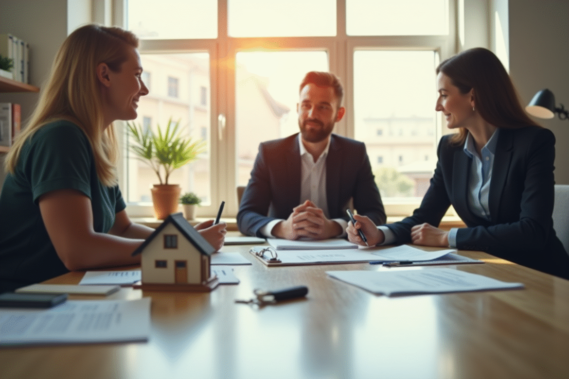 Réunion d'affaires entre trois professionnels dans un bureau moderne
