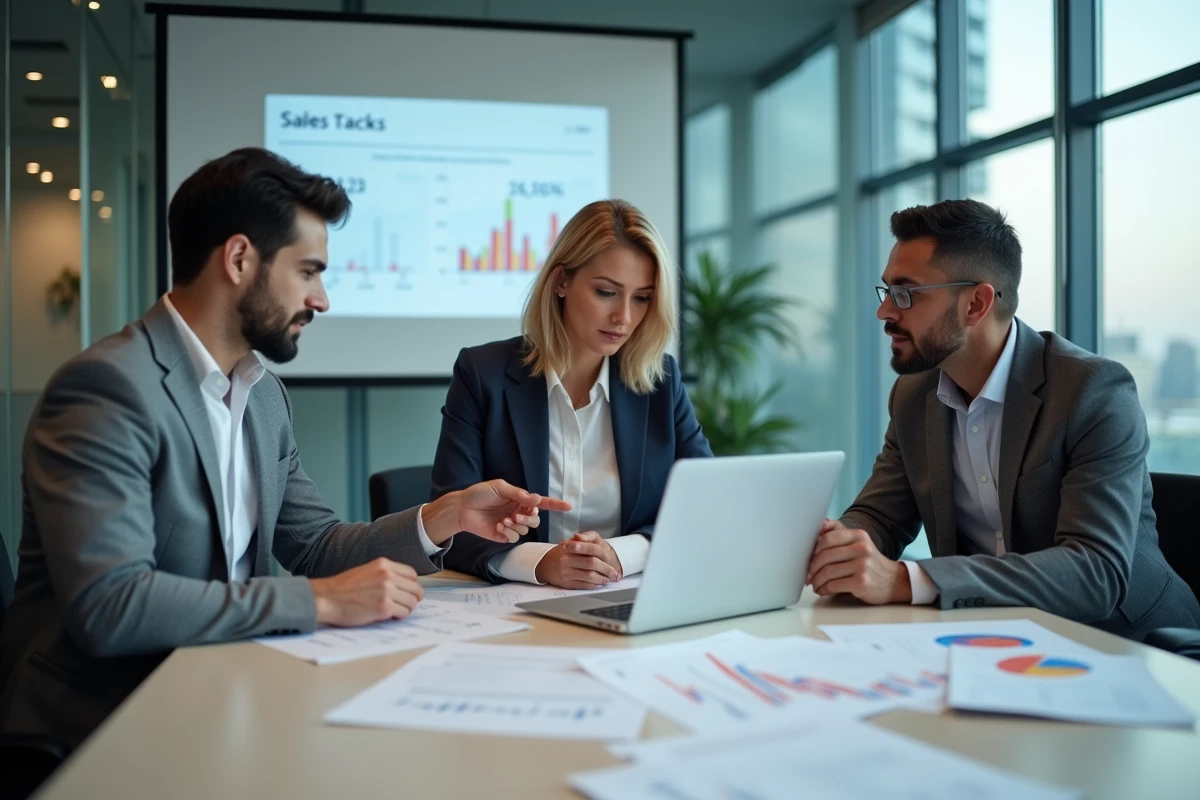 Équipe professionnelle en réunion autour d'une table analysant des rapports de ventes et un logiciel de suivi commercial, illustrant la gestion collaborative des performances avec Omegasafti