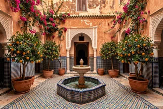 Patio intérieur d'un riad traditionnel à Marrakech avec fontaine en mosaïque et bougainvilliers pour une résidence secondaire sereine