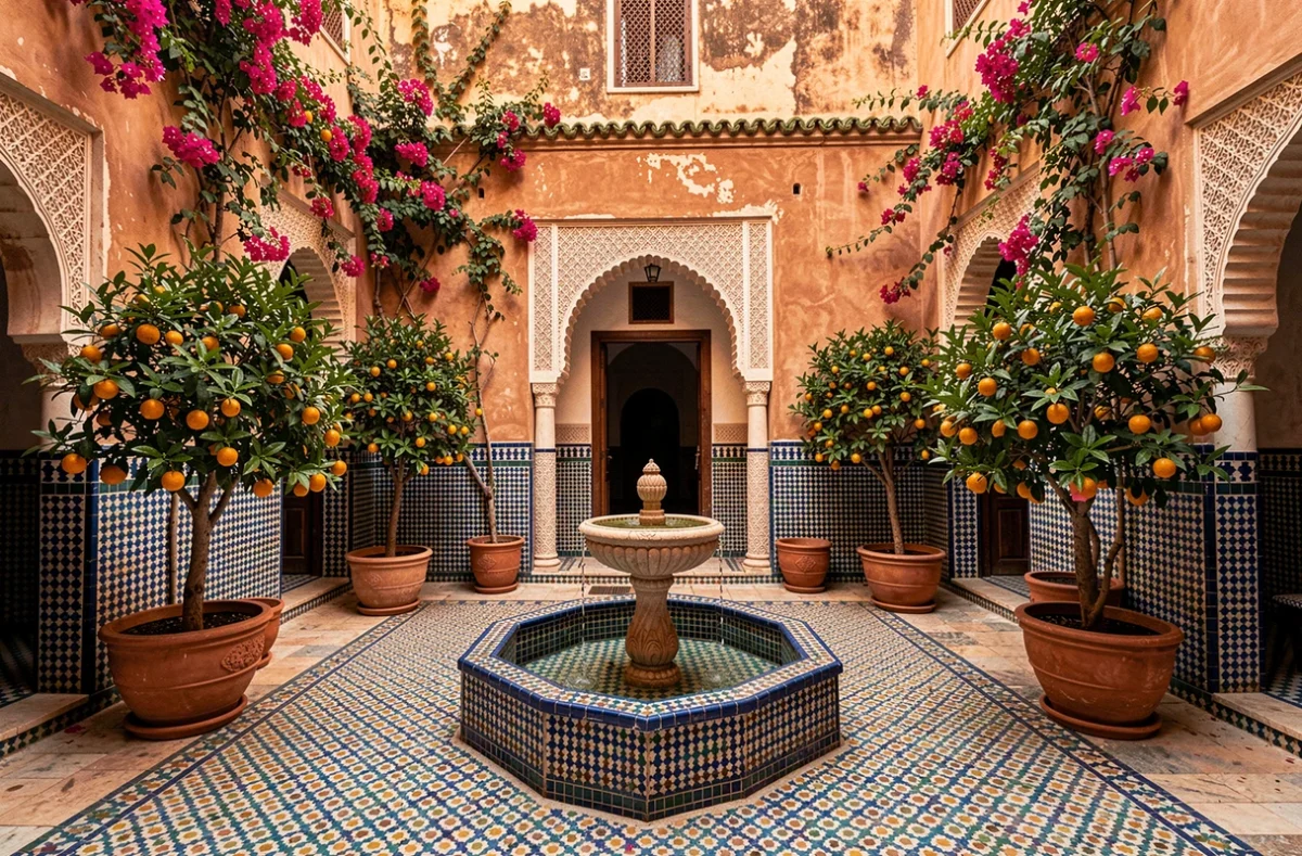 Patio intérieur d'un riad traditionnel à Marrakech avec fontaine en mosaïque et bougainvilliers pour une résidence secondaire sereine