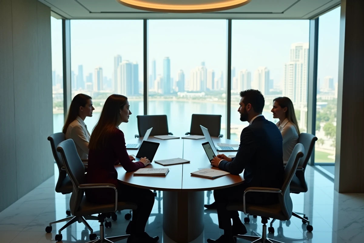 Réunion d'affaires dans une salle de conférence moderne de l'Almas Tower avec vue panoramique sur les lacs de Dubaï