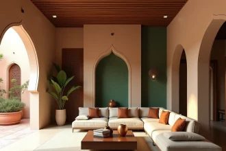 Salon haut standing d'un appartement à vendre à Marrakech avec mur en tadelakt, zellige et boiseries en cèdre sculpté