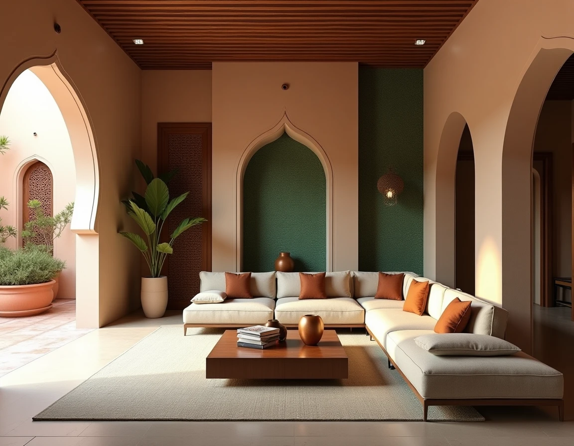 Salon haut standing d'un appartement à vendre à Marrakech avec mur en tadelakt, zellige et boiseries en cèdre sculpté