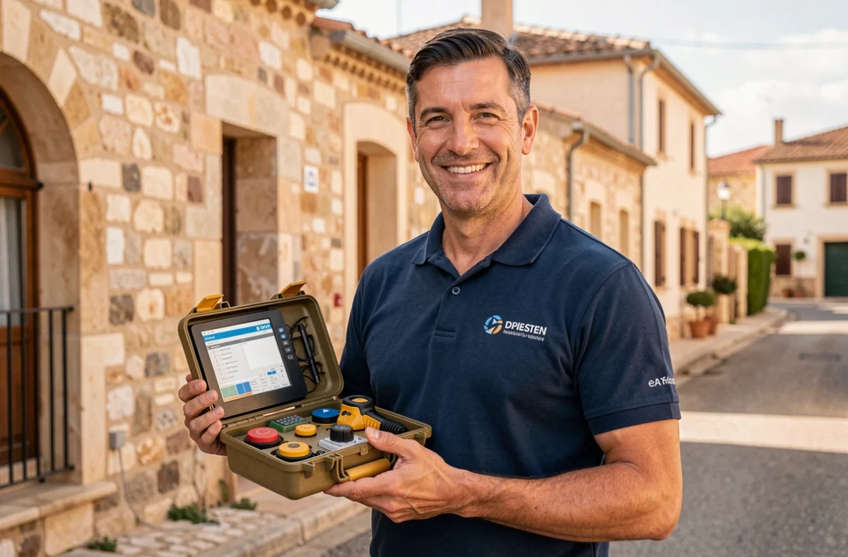 Sébastien Lecler, diagnostiqueur immobilier certifié à Narbonne, souriant devant une propriété avec son kit de diagnostic DPE
