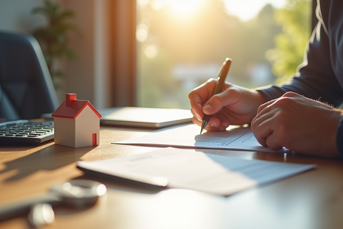 Main signant contrat immobilier avec maquette et clés