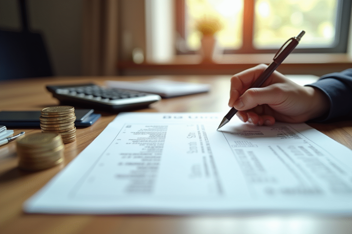 Main signant un document financier sur un bureau en bois