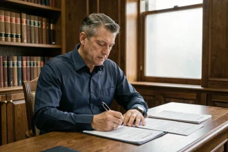 Homme signant des documents notariaux pour un rachat de parts en indivision dans un bureau de notaire