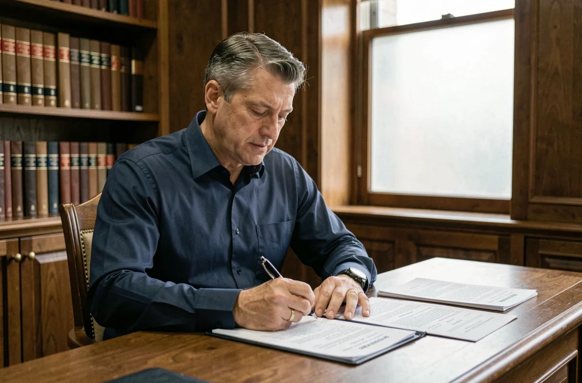 Homme signant des documents notariaux pour un rachat de parts en indivision dans un bureau de notaire