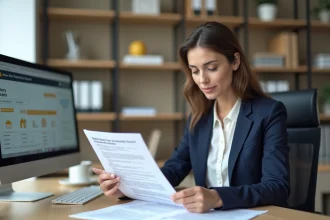 Femme professionnelle consultant un simulateur de frais de notaire immobilier sur ordinateur avec des documents imprimés sur son bureau