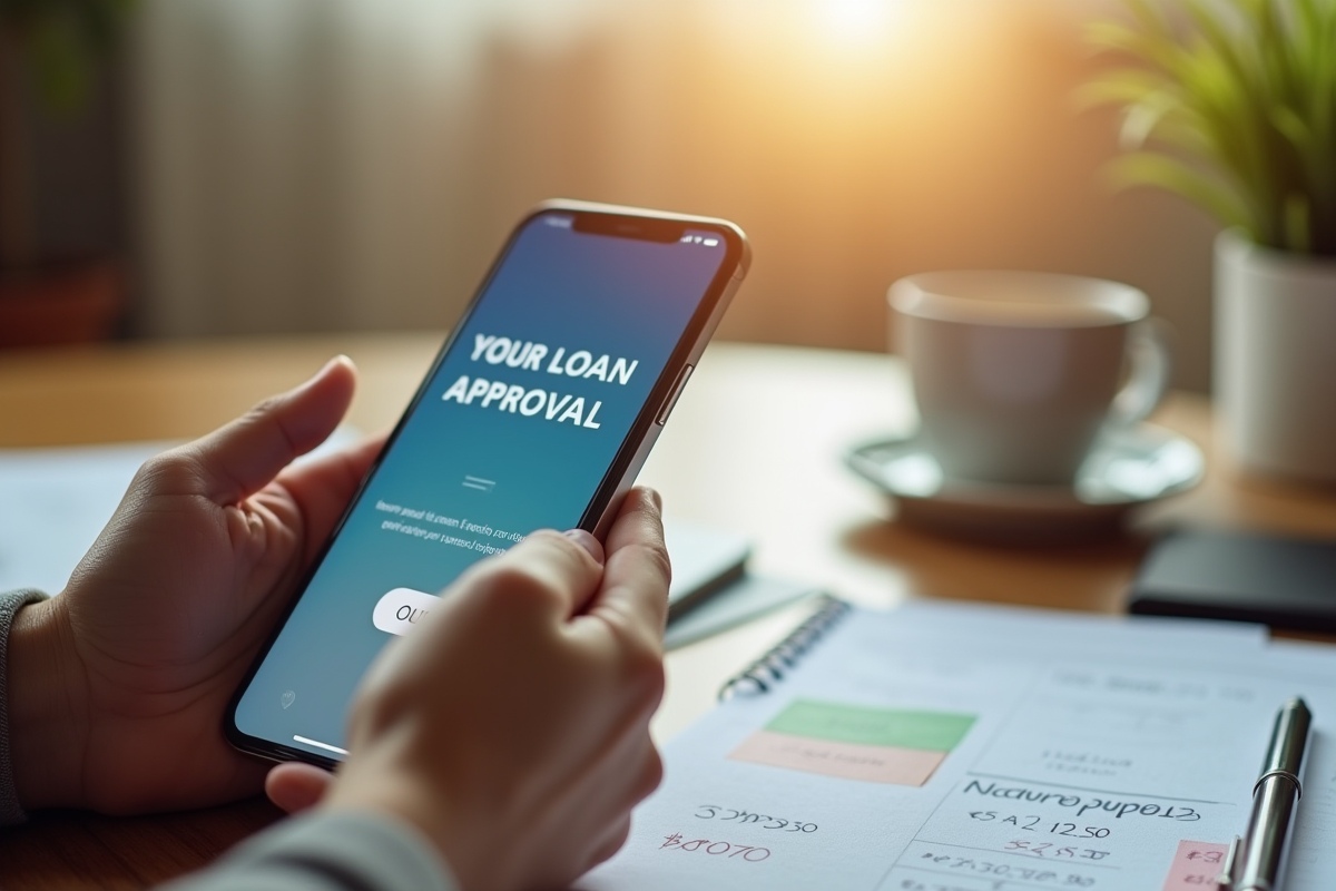 Mains tenant un smartphone avec message d approbation de prêt