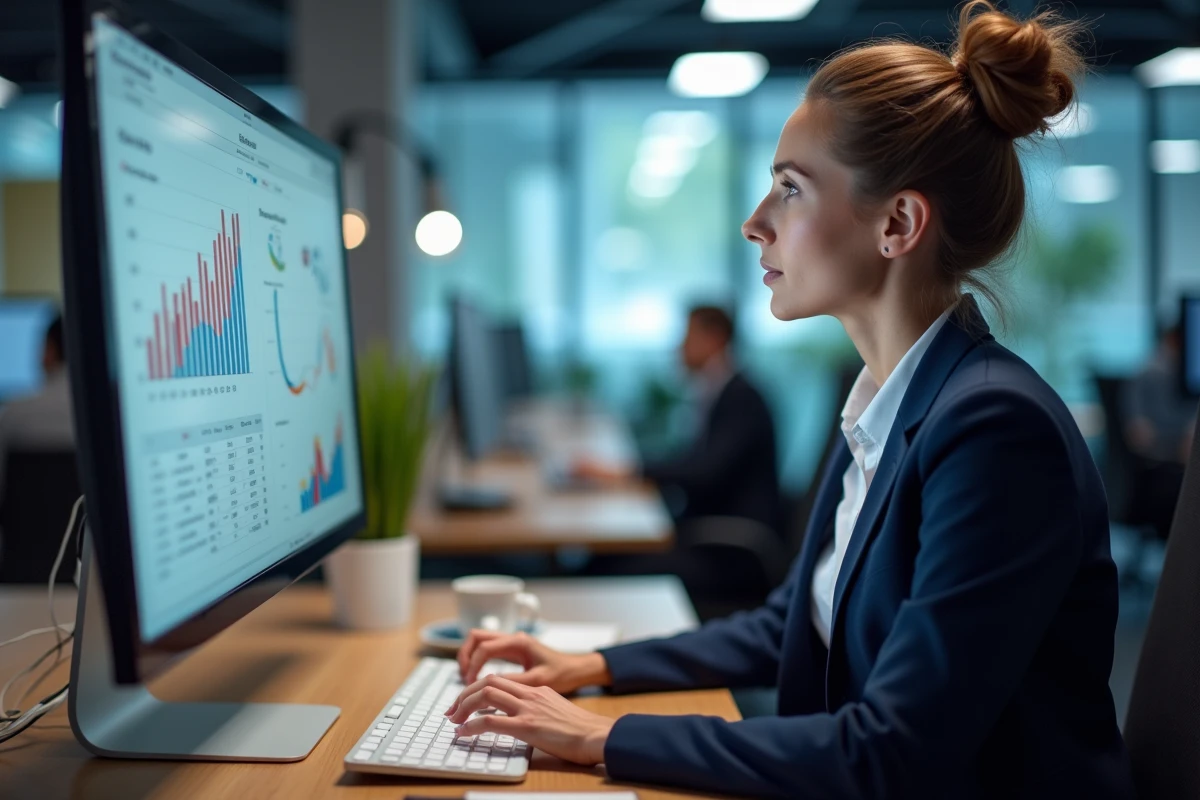 Femme professionnelle analysant des données de ventes sur un écran d'ordinateur dans un bureau moderne, illustrant le suivi des performances commerciales avec un logiciel comme Omegasafti