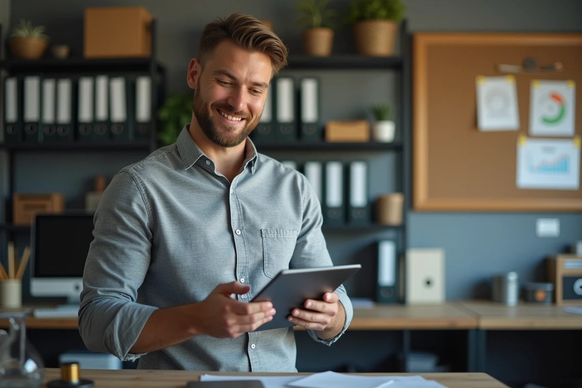 Homme debout dans une arrière-boutique consultant un tableau de bord de ventes sur une tablette numérique, représentant la gestion et le contrôle des ventes avec un outil de suivi comme Omegasafti