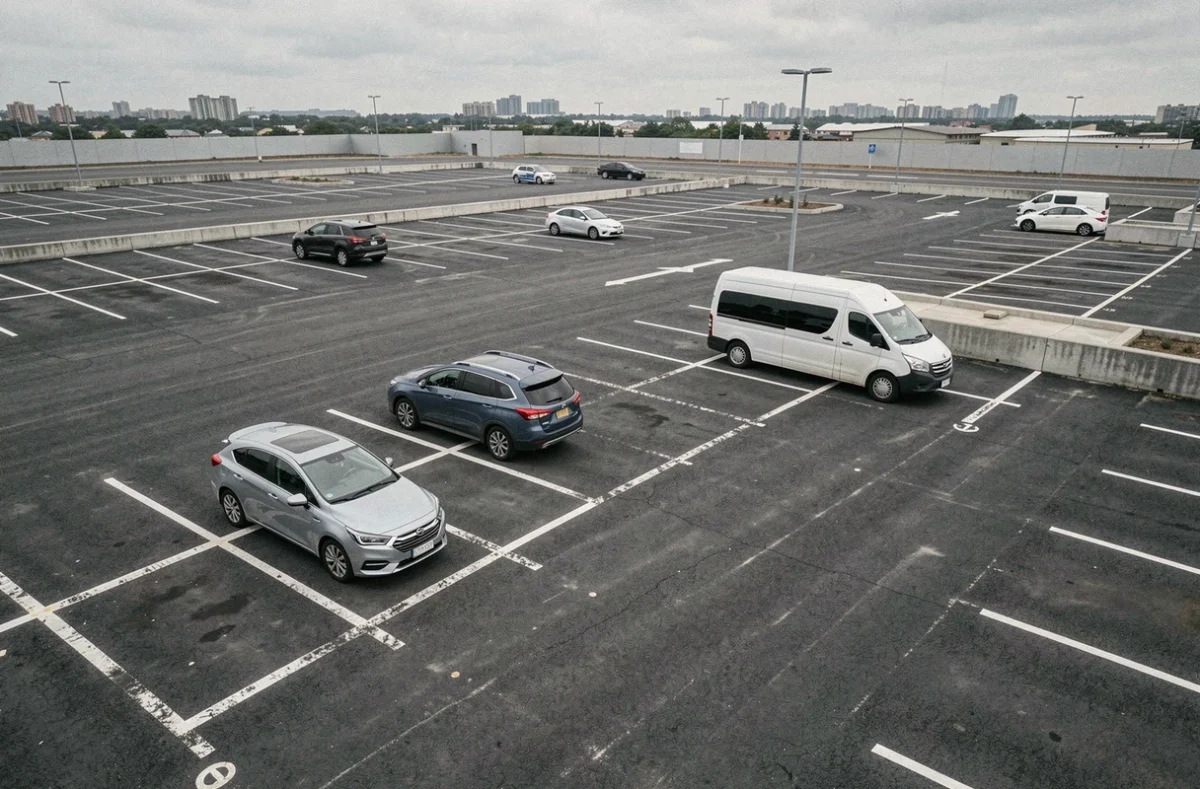 Vue aérienne d'un parking urbain avec des places délimitées accueillant différents types de véhicules de tailles variées