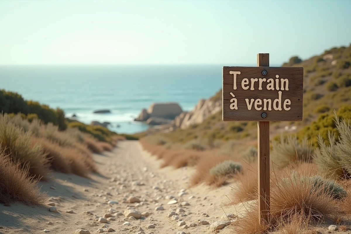 Terrain à vendre en bord de mer avec panneau de vente planté dans le sol et vue panoramique sur le littoral naturel non construit