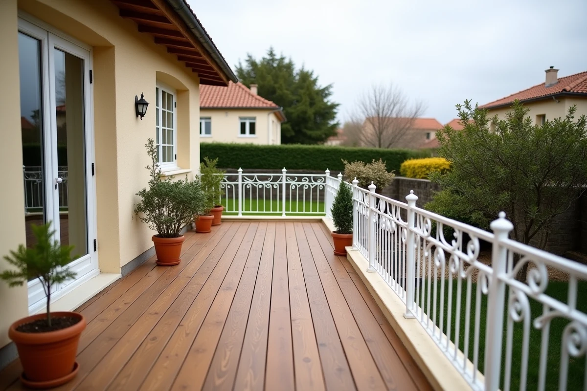 Terrasse en bois composite adossée à une maison française, aménagement extérieur et déclaration fiscale taxe foncière