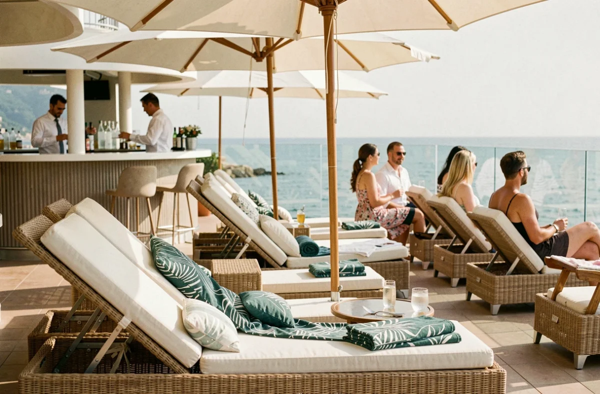 Terrasse et prestations du Monte Carlo Sun avec transats, bar et vue sur mer