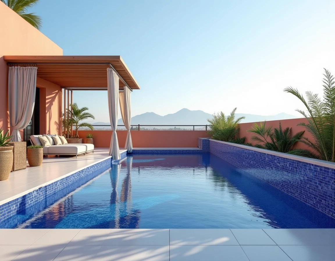 Terrasse rooftop avec piscine privée et vue sur la médina et l'Atlas depuis un appartement haut standing à Marrakech