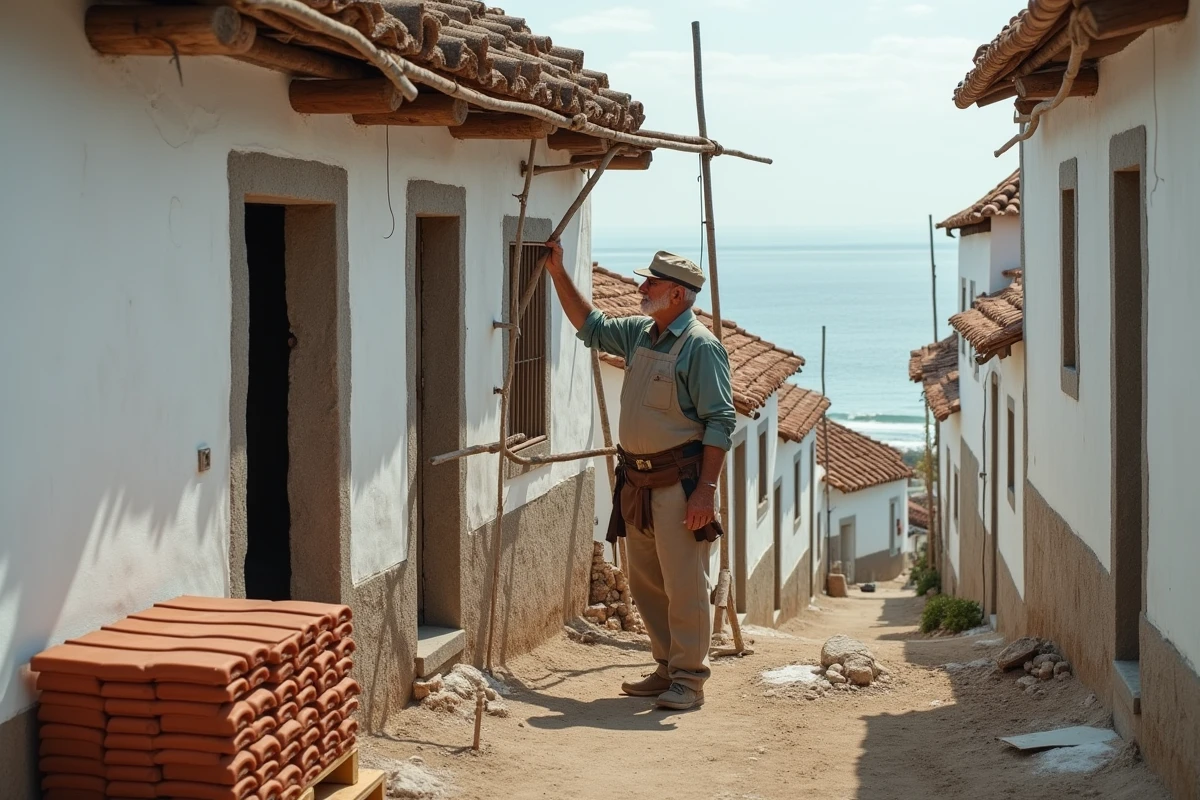 Maison de pêcheur en cours de rénovation au Portugal avec échafaudages, charpente apparente et artisan local inspectant la toiture dans un village côtier