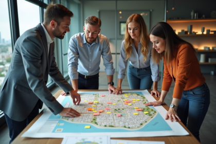Groupe d'urbanistes autour d'une carte en réunion