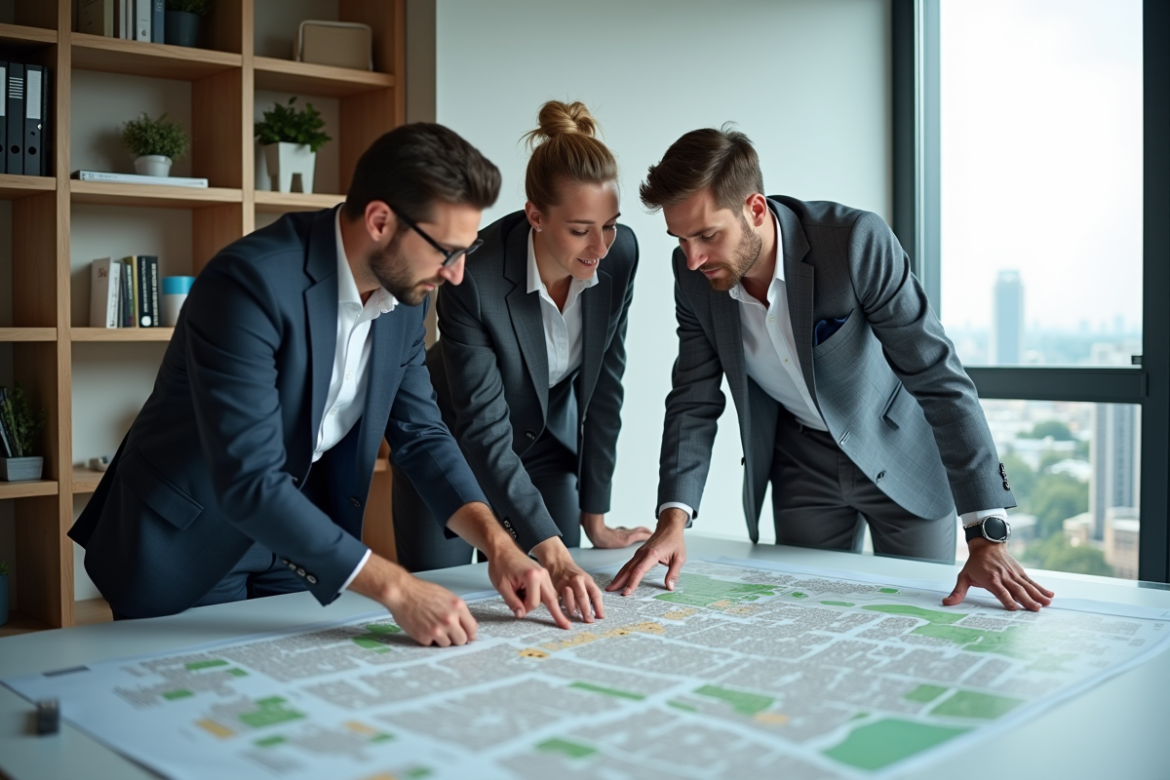 Groupe d'urbanistes discutant autour d'une carte urbaine