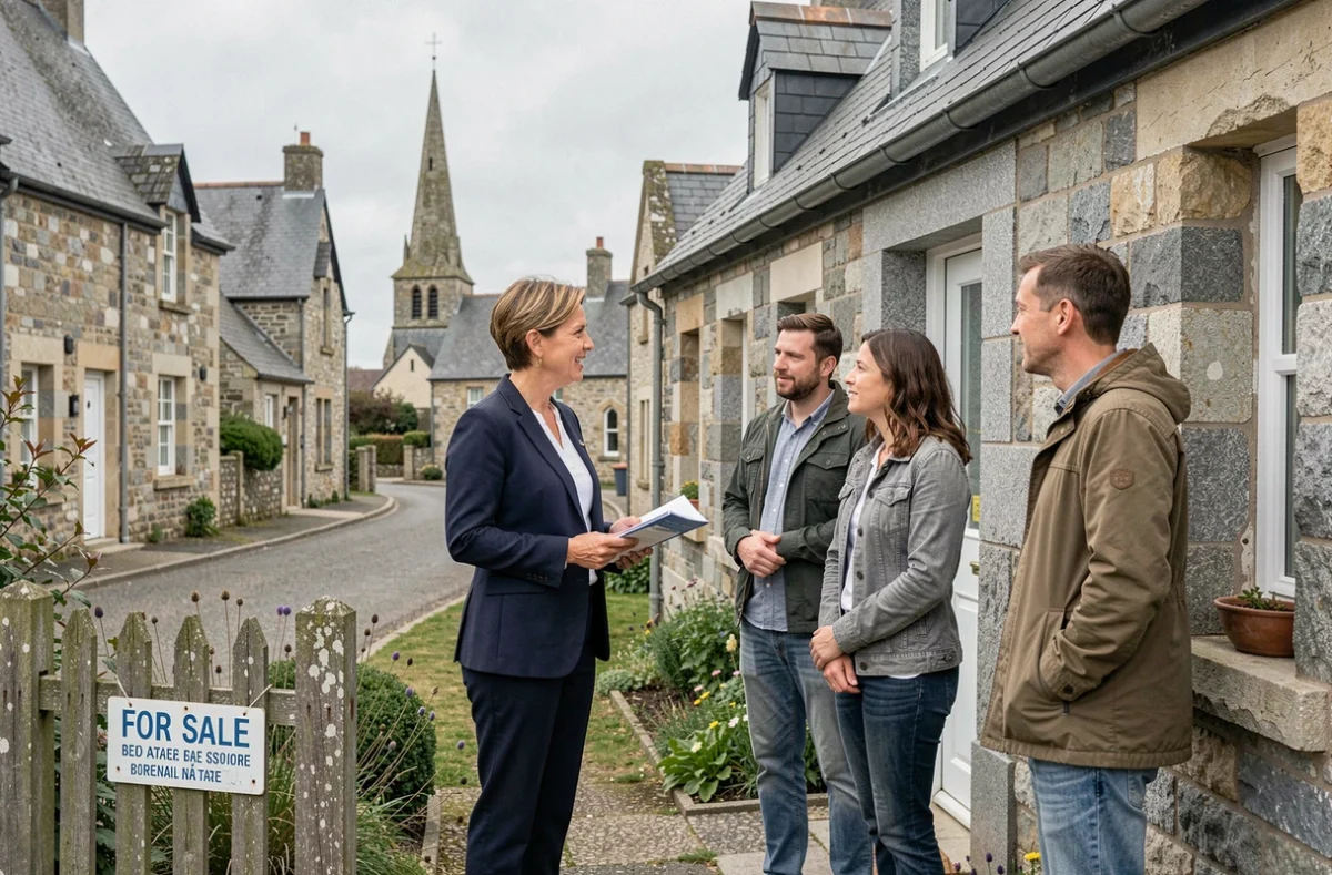 Agent immobilier présentant une maison de pêcheur à vendre en Bretagne à des acheteurs potentiels