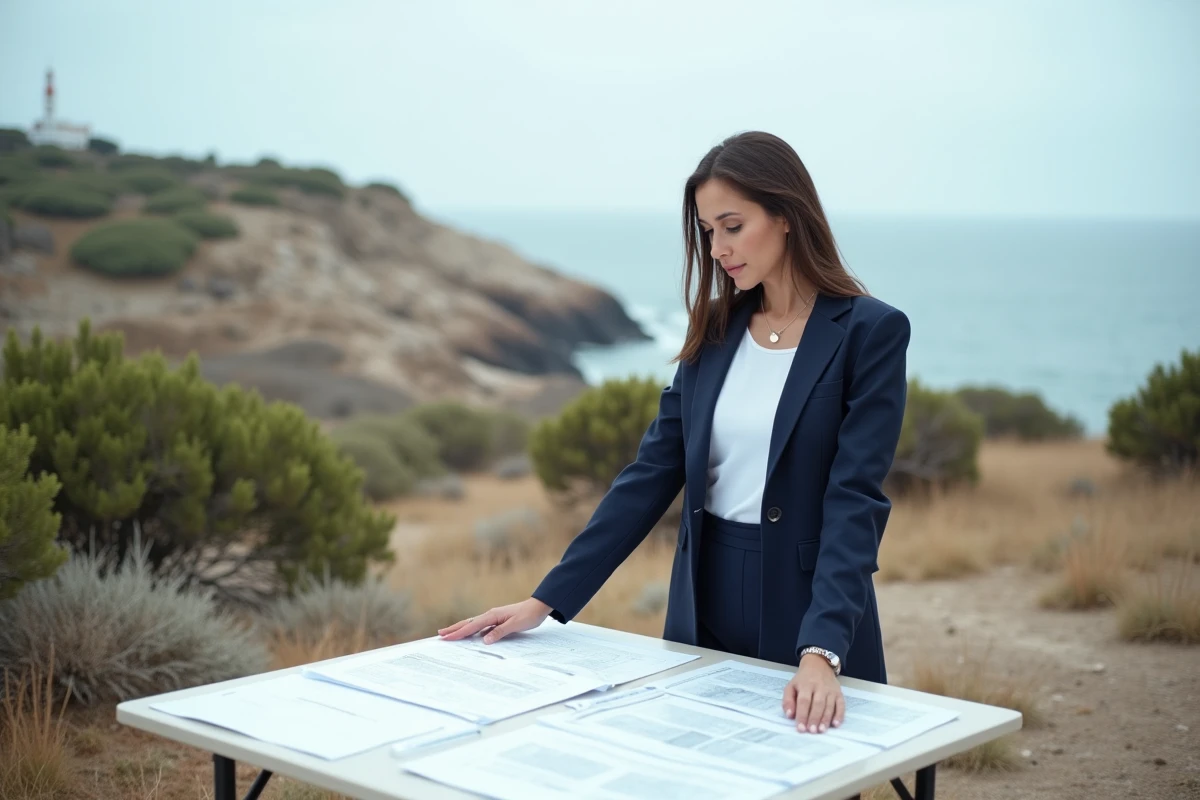 Femme consultant des documents d'urbanisme et le plan local d'urbanisme pour vérifier la constructibilité d'un terrain en bord de mer