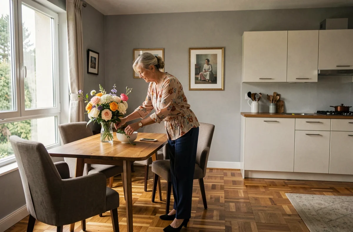 Une résidente de Villa Beausoleil à Laval dans son appartement élégamment meublé avec grande fenêtre