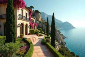 Vue panoramique de la villa Leopolda sur la Côte d'Azur avec jardins en terrasses et mer Méditerranée en arrière-plan