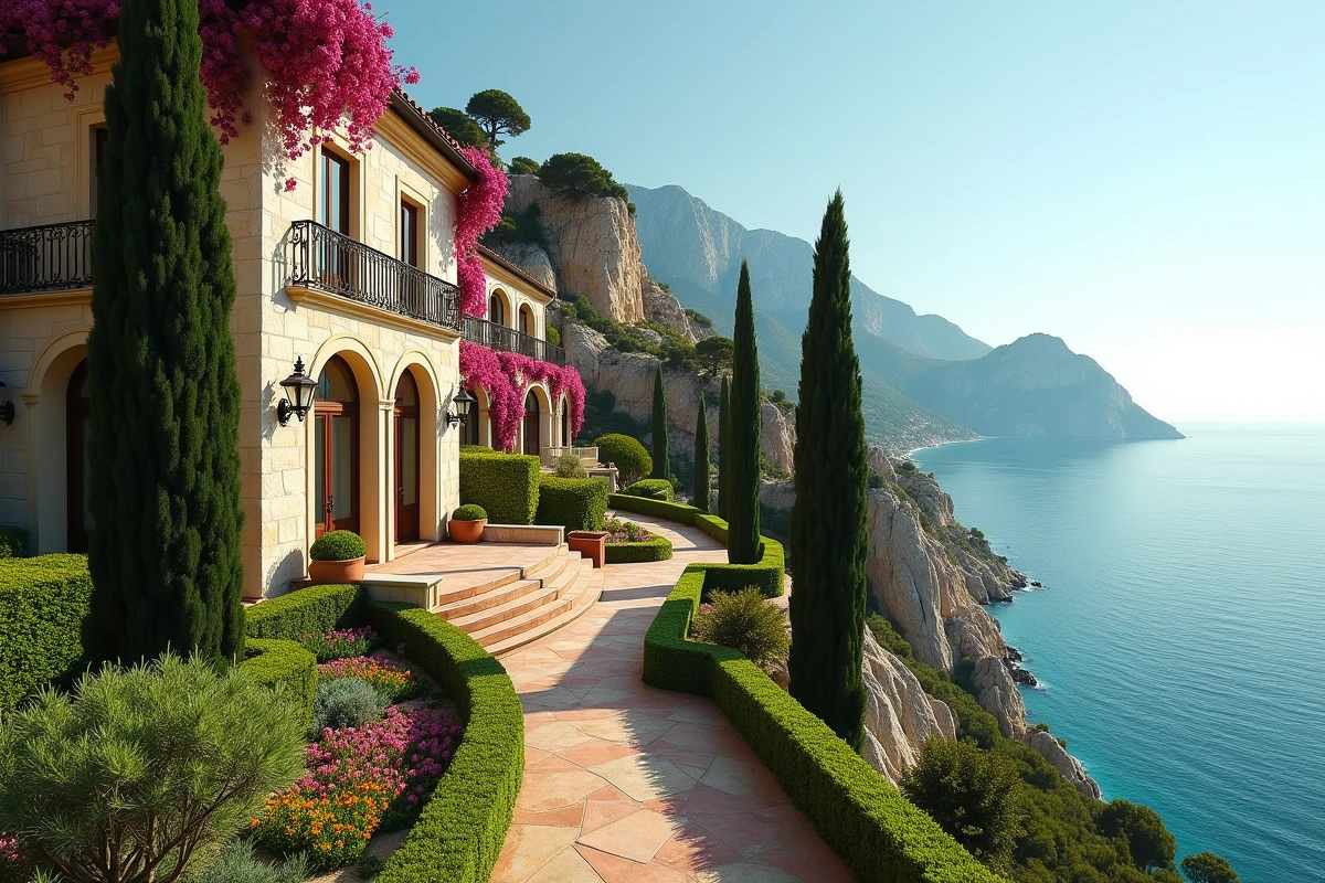 Vue panoramique de la villa Leopolda sur la Côte d'Azur avec jardins en terrasses et mer Méditerranée en arrière-plan