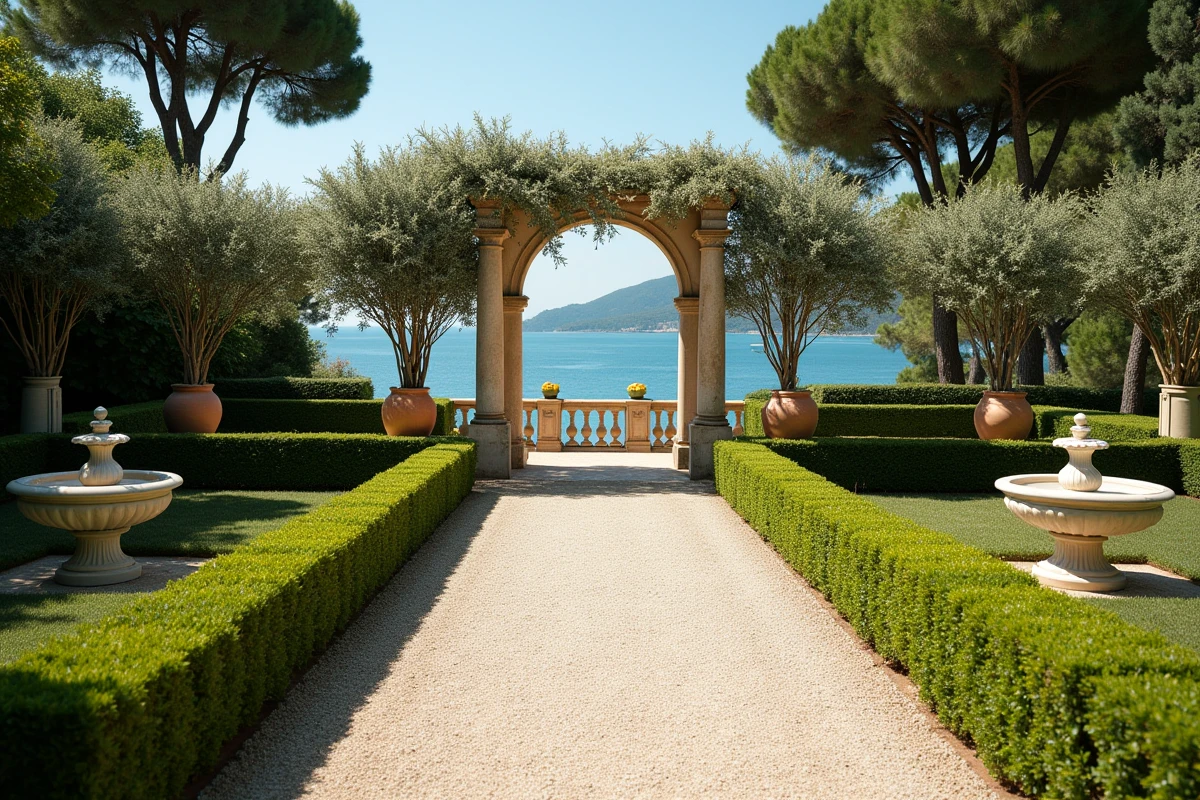 Jardins formels classiques de la villa Leopolda avec fontaine en marbre et vue sur la mer à Cap-Ferrat