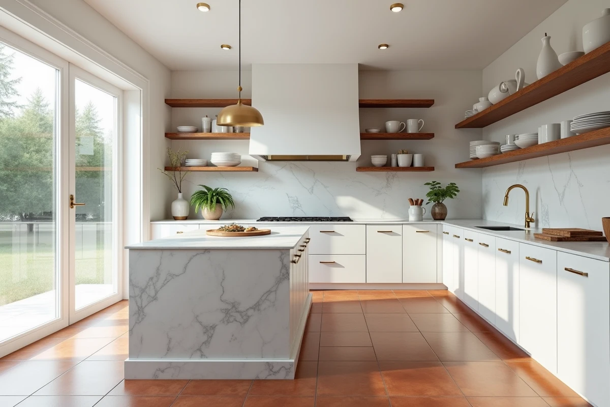 Vue immersive 360 degrés d'une cuisine moderne et élégante dans le cadre d'une annonce immobilière en visite virtuelle