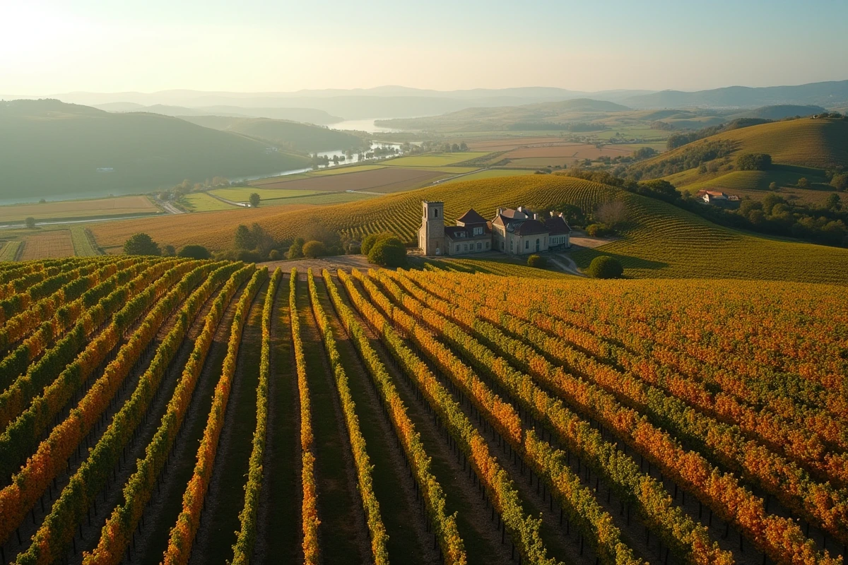 Vue aérienne de parcelles de vignobles à vendre dans l'appellation Saint-Émilion à Bordeaux en période de vendanges